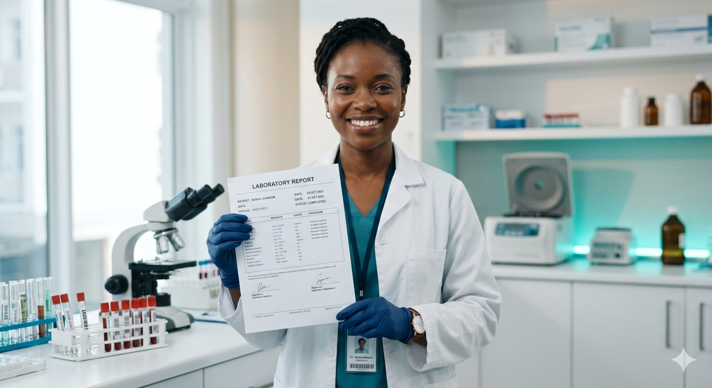 MobileLabs phlebotomist holding completed laboratory report